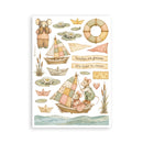 A rectangular printed sheet featuring whimsical illustrated mouse characters in a boat, paper boats, lily pads, reeds, and decorative text reading 'Families are forever It's time to relax' on a white background.