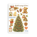 Collection of Christmas-themed stickers featuring a teddy bear, cat, tree, and other festive elements on a white background.