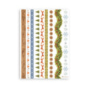 A vertical rectangular card or print featuring multiple vertical bands of Christmas-themed patterns, including pine trees, ornaments, snowflakes, and a green garland border, shown on a plain white background.