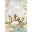 Vintage-style illustrated print showing three small rabbits crossing a stone bridge over a river, with clouds, postmarks, and newspaper textures in the background.