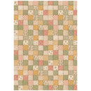 A square patchwork quilt pattern featuring a grid of small fabric squares in muted tones of sage green, dusty pink, mustard yellow, and cream, with various patterns including gingham, stripes, florals, and dots.