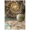 A square art print or poster featuring a cosmic scene with a swirling galaxy, numerous glowing stars, and several planets in muted beige, brown, teal, and gold tones.