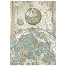 An antique-style celestial map or scientific illustration featuring a large detailed globe, a smaller planetary sphere, a sun with radiating lines, and a blue-green landmass or ocean area with circular markings, all on an aged beige background.