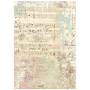 A vintage-style decorative print featuring musical staves, handwritten notes, floral accents in soft pink and teal, and ornate white scrollwork on a distressed beige background.