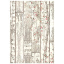 Wooden panel with floral patterns and music sheet notes on a white background