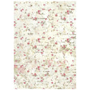 A rectangular area rug with a vintage-style floral pattern featuring pink roses, green leaves, and cursive script on a distressed cream background.