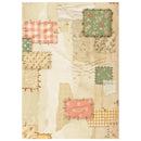 A square patchwork-style art print or textile design featuring stitched fabric squares in pink, green, yellow, and beige on a cream watercolor-textured background.