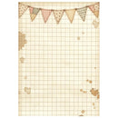 Vintage-style note card or paper backdrop design with a beige grid background, torn paper edges, and a string of patterned bunting flags across the top.
