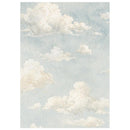 A vertical rectangular print or panel featuring a soft watercolor-style sky with scattered white and cream clouds on a pale blue background.