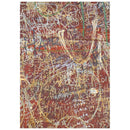 An abstract art print featuring a dense, layered composition of graffiti-style markings, scribbles, and layered text in white, yellow, green, and blue over a textured reddish-brown background.