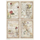 Four vintage-style decorative panels with floral illustrations, handwritten script, and aged paper textures arranged in a 2x2 grid on a white background.