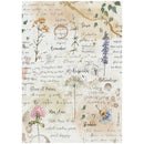 A square decorative art print or card featuring botanical illustrations of flowers and leaves over a textured cream background with handwritten French phrases and words like 'Remember', 'Recuerdo', and 'Bonheur'.