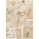 A vintage-style collage print featuring overlapping aged paper sheets with cursive handwriting, botanical illustrations, stamps, and dried flower elements in soft beige, cream, muted green, and tan tones.