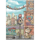 A whimsical illustrated scene showing a small cat sitting beside a brick wall with graffiti, a birdhouse with a fluffy creature on top, a bench, city buildings, and a row of colorful birds along a wire. The artwork appears to be the product itself rather than a photo of a physical object in a room.