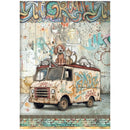 A vertical art print or poster featuring an illustrated scene of an old graffiti-covered van with three dogs and a cat sitting on its roof, set against a distressed wall with colorful graffiti. The print includes a stylized mural at the top and a brick pattern at the bottom.