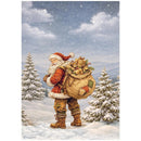 A festive winter scene showing Santa Claus walking through the snow with a large sack filled with wrapped presents, surrounded by snow-covered evergreen trees under a starry sky.