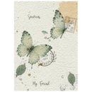 A square art print or card featuring two watercolor butterflies on a textured cream background with vintage-style stamps, leaves, and the words 'Sourires' and 'My Friend'.