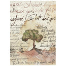 A square art print featuring a rustic, vintage-style design with a central watercolor tree on a textured beige parchment background, overlaid with cursive French script and distressed ink details.
