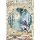 A square decorative print or artwork showing a gray wolf howling upward in a moonlit forest scene, framed by a distressed parchment-style border with handwritten notes and autumn leaves.