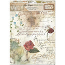 A sheet of vintage-style decorative paper with French script, watercolor textures, and floral illustrations, including a large red rose and smaller blue flowers. The top header reads 'Rice Paper Selection' and shows the brand name 'Himberia'.