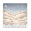 Winter landscape with snow-covered hills, trees, and a starry sky.
