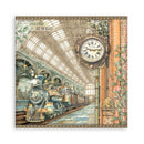 Vintage-style train station with a clock and steam locomotive