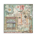 Decorative paper with vintage clock design, flowers, and text on a white background