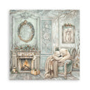 A square wall art print featuring a cozy winter nursery scene with two polar bears hugging in an armchair beside a fireplace, set against a pale blue-green ornate wall with a wreath and framed polar bear portrait.