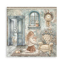 A square wall art print or canvas featuring a vintage-style illustration of a young girl kneeling in a softly decorated room, holding a rabbit. A blue door is open to the left where a white sheep stands, and a tufted armchair with floral accents sits to the right.