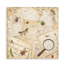 Decorative paper with vintage elements like insects, letters, and a magnifying glass on a white background.