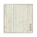 A square fabric or wallpaper sample featuring vertical cable-knit and chevron knit patterns in cream and off-white, with three decorative buttons on the lower right side, shown against a plain white background.