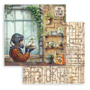 Person in a futuristic suit holding a plant in a steampunk-style room with pipes and plants.