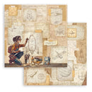 Collage of a person drawing a rocket with scientific drawings and equipment on a white background