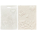 A white embossed foam sheet with graffiti-style 3D lettering and brick texture, shown both as a packaged flat sheet on the left and a close-up of the embossed design on the right, against a plain white background.