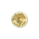 A round gold-toned button featuring a raised Christmas bell design with stylized ornaments and the words 'Merry Christmas' in an engraved script, shown on a plain white background.