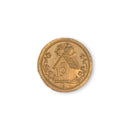 A round, gold-toned metal button featuring an embossed design of a bird perched on a birdhouse with floral details around the border, shown on a plain white background.