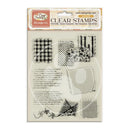 Clear stamps in a retail package from Easy Family Stamperia, featuring various black and white patterned and text-based stamp designs on a clear plastic sheet.