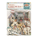 Stamperia Furry Friends 'Funky Friends' adhesive ephemera sheet, featuring a collection of cute, stylized cartoon dogs in a vintage scrapbook layout with a birdhouse and rustic background.