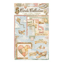 A package of Stamperia 'Cozy Family' Cards Collection scrapbooking cards and tags, featuring vintage-style designs with patches, hearts, airplanes, clouds, and sentimental phrases.