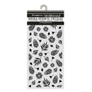 A packaged clear plastic media stencil sheet with black leaf, pinecone, and floral stencil shapes, hanging against a white background. The header card reads Stampery MixMedia Art Media Stencil CM12x25.