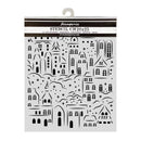 A packaged clear plastic craft stencil with black printed house and cloud outlines, hanging from a white hanger. The header reads Stamperia and STENCIL CM20x25.