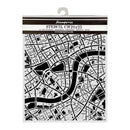 A packaged black-and-white stencil featuring a detailed city street map design, shown against a plain white background. The header card reads 'Jamperia' and 'STENCIL CM20x25'.