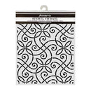 A packaged stencil with an ornate black scroll and floral pattern on a white sheet, hanging from a plastic hanger. The header card reads Stamperia and STENCIL CM20x25.