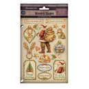 Stamperia wooden shapes sticker sheet featuring Christmas-themed illustrations including Santa Claus, reindeer, a cat, ornaments, and holiday phrases on a beige background.