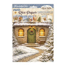 Pack of Stamperia mini Rice Paper A6 craft stamps by Silent Night, featuring a printed winter scene of a cozy stone cottage with a green door, snowy path, and warm glowing windows.