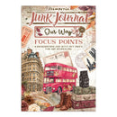 Junk Journal 'Our Way' Focus Points art journaling template cover, featuring a vintage red double-decker bus, stacked suitcases, boots, ticket stubs, and postcards on a distressed cream background.