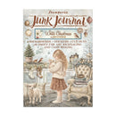 Front cover of a scrapbooking journal kit titled 'Jamper's Junk Journal White Christmas' by Kristin Engstrom. The cover features a vintage illustration of a young girl in a cream sweater and brown skirt standing in a decorated living room with a sheep, fireplace, stockings, and an armchair.