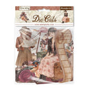 Stamperia 'Our Way' Die Cuts scrapbooking paper pack featuring vintage-style illustrated cutouts of a woman reading a map, a woman in a pink floral dress sitting on a suitcase, a large film reel, a bird, and a purple stamp seal, all in clear plastic packaging.