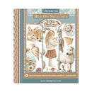 Stamperia Rub On Selection 'A White Christmas' transfer sheet packaging, featuring illustrated woodland and holiday motifs including a deer, a girl in a cream sweater, a white wolf, ornaments, and floral elements on a beige and teal design.