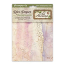 Packaging of Stamperia rice paper backgrounds with decorative designs on a white background.